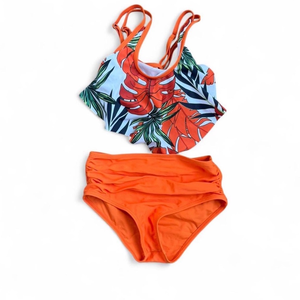 Girls Orange Tropical Print Two-Piece Swim Bikini